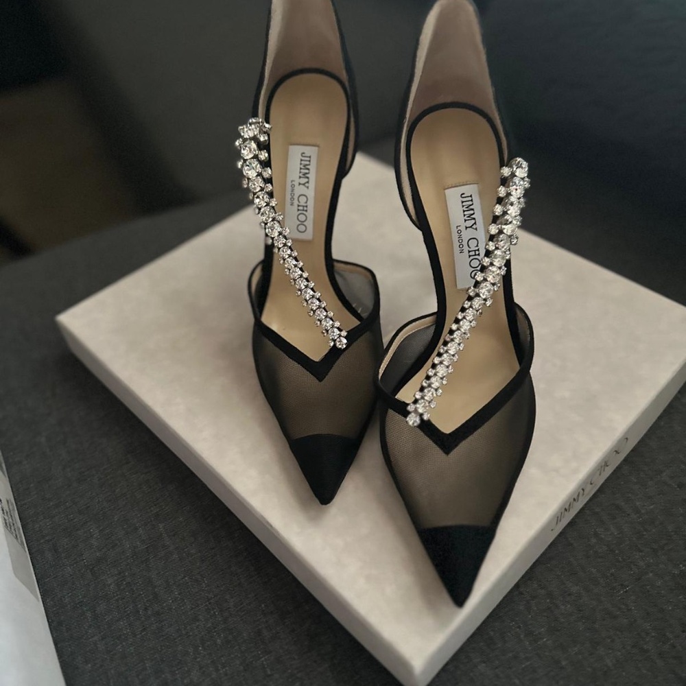 Jimmy Choo Black Mesh Pointed Toe Slingback Heels with Crystal Straps - Picture 2 of 5